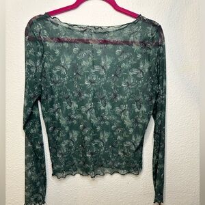 Y2K Green Butterfly Print Sheer Long Sleeve Top